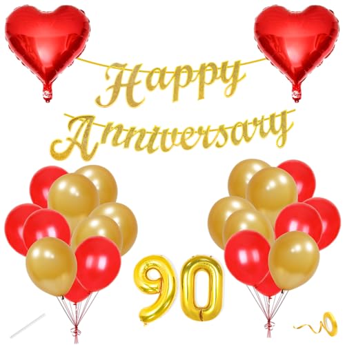 Image of Flyloons 90th Happy Anniversary Decoration Items Red Gold for Men Women Husband Wife Mom Dad Parent Couple Home Bedroom Car With 20 Pcs Metallic Balloons Anniversary Banner 2 Pcs Heart Set Kit