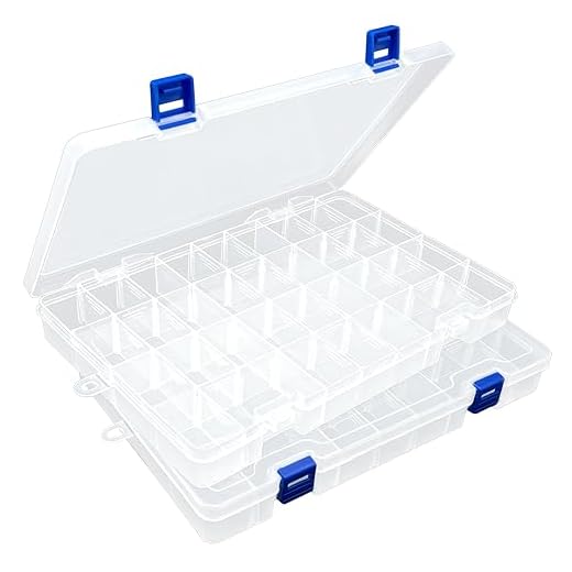 Duofire - Caja de almacenamiento de plástico, divisor ajustable, compartimiento de rejilla extraíble para joyas, pendientes, herramienta de gancho de pesca (34 rejillas, 2 unidades), color blanco