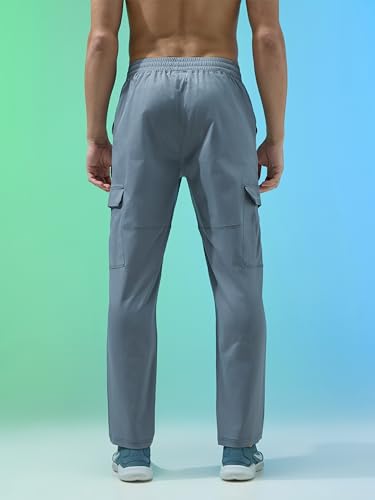 Image of TECHNOSPORT Men's Solid Straight Fit Cargo Pants TS Flexi 6 Pocket Polyester Quick Dry Elasticated Drawstring for Gym Travel Running Workout