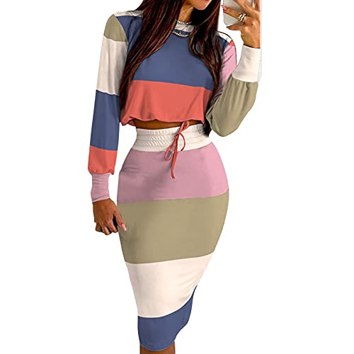 Charmap- Hawaiian Dresses For Women Printed Skirt Set 2 Piece Casual Midi Pencil Dress With Drawstring Printed Long Sleeve Crop Tops Formal Dress Set Pink #TOP4