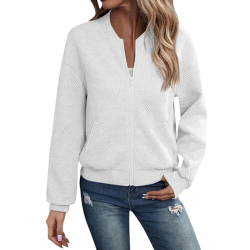 Bomber Jacket Women Zip Up Textured Lightweight Jacket with Pockets Cute Slim Fitted Strand Collar Fall Winter Jackets