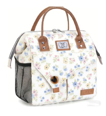 Lekespring Bolsa isotérmica para el almuerzo para mujer, 10 l, pequeña bolsa isotérmica, bolsa térmica para el almuerzo, para viajes, trabajo, pícnic, exterior (flores blancas)