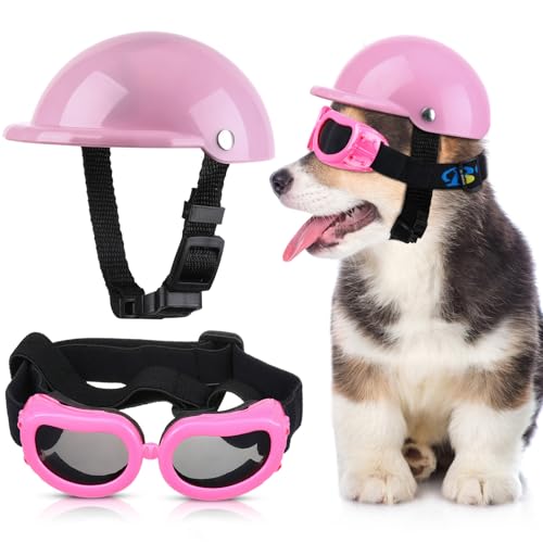 Kleiner Hundehelm-Schutzbrille, UV-Schutz, Hunde-Sonnenbrille, Haustier-Hundebrille, Motorrad, Harte Sicherheitshut mit verstellbarem Gürtel, Augenkopfschutz für Welpenreiten, Größe S (Rosa)