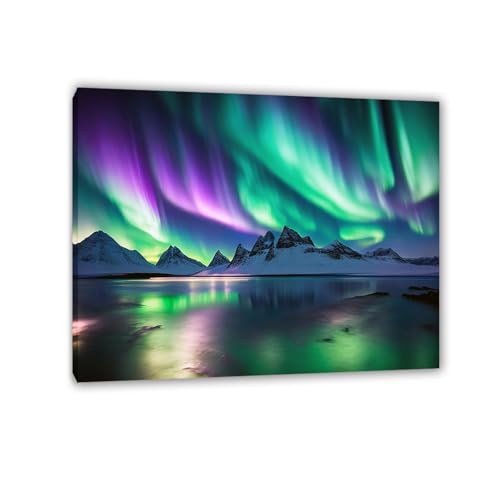Toile Aurora Borealis pour salon chaleureux tableau nuit polaire Islande violet 50x40