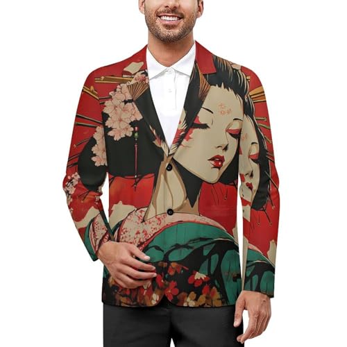 Geisha Japanese Flag Mens Suit Jacket Lapel Blazers V Neck Button Business Coat Tuxedo for Wedding Party