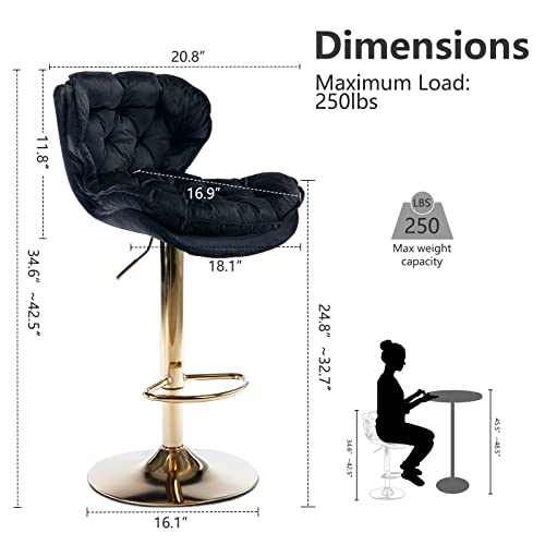 Velvet 360° Swivel Bar Stools Set Of 2, Modern Height Adjustable Swivel Barstools Counter Chairs With Back & Golden Metal Base For Pub, Kitchen, Cafe,Dining Room (2, Black) #TOP2