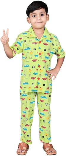 Cotton Night Suit Set | Full Sleeve Printed Shirt &amp; Pajama Sleepwear | Soft Comfortable Nightwear Night Dress for Kids Inf...