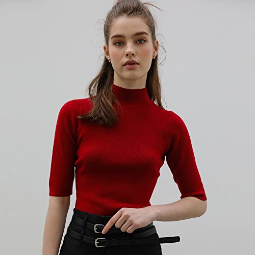 Hybernat Womens Pullover Sweater Short Sleeve Elastic Soft Knitwear Slim Fit Tops (As1, Alpha, L, Regular, Regular, Red) #TOP1