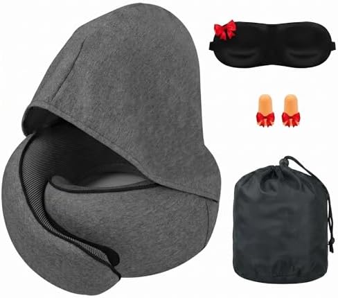 Travel Neck Pillow with Hood, Memory Foam, 360° Ergonomic Support...