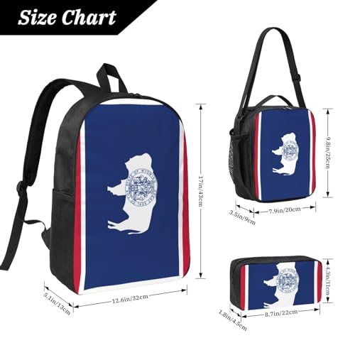 Wyoming State Flag print Shoulder Bookbags Lunch Bag and Pen Case 17 inches Backpack with Lunch Box, Cute Bookbag Set4