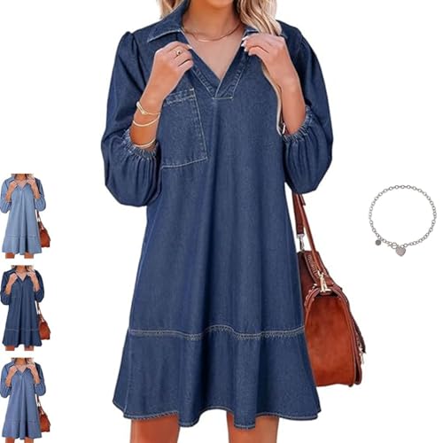 V Neck Denim Dress for Women 3/4 Sleeve Ruffle Denim Dress Summer Collared V Neck Loose Shirt Jean Dress with Pockets
