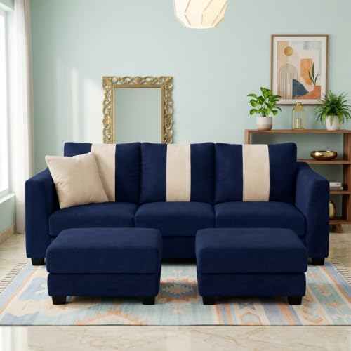 Image of Revo 5 Seater L Shape Sofa Set with 2 Movable Ottomans | Flexible Layout | Luxury Velvet Suede Fabric | Modern Living Room Sofa | Dark Blue