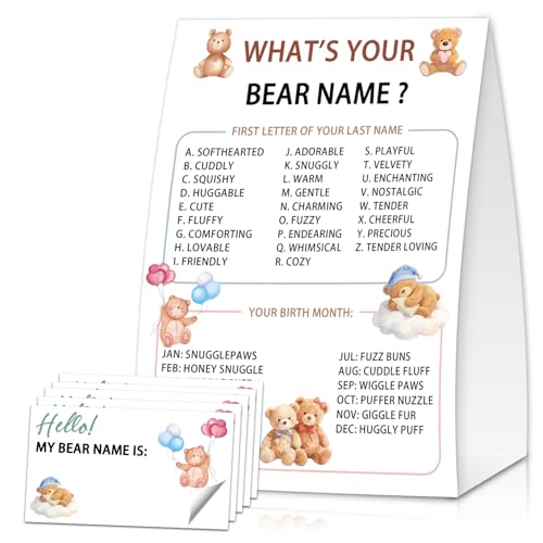 Family Bear Name Game - “What‘s Your Bear Name” Interactive Set with Sign and 30 Stickers, Cozy Indoor Activity for Birthday or Family Game Night, Teddy Theme Party Decor