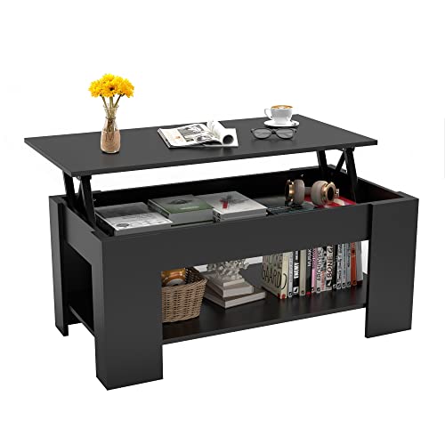 Super Deal Lift Top Coffee Table With Hidden Compartment And Storage Shelves, Modern Rising Tabletop Dining Table With Sturdy Metal Frame For Living Room Reception Room, 38.5 In L, Black #TOP5