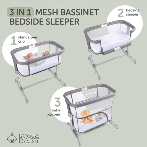 Image of KoolerThings 3 in 1 Baby Bassinet, Bedside Sleeper, & Playpen, Easy Folding Portable Crib (Grey)- KoolaBaby (Mesh Bassinet)