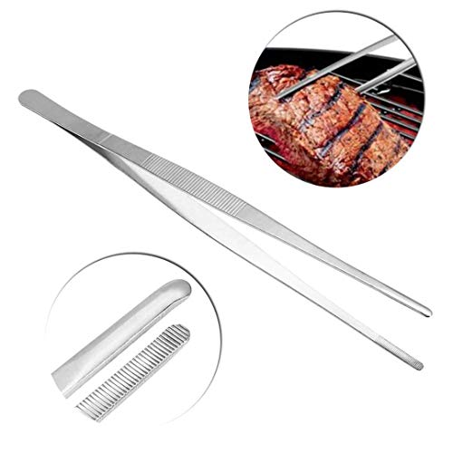 Image of NJ Barbecue Kitchen Hand Tool, Kitchen Tweezers, Stainless Steel Food Tongs, Straight Tweezers BBQ Accessories, Restaurant Food Decoration Tong with Serrated Blunt Tips, Seafood Tool : 14 inch Length
