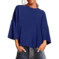 Saodimallsu Suéteres femininos grandes de verão manga 3/4 gola redonda pulôver casual leve solto 2025 tops de malha, Azul marinho, P