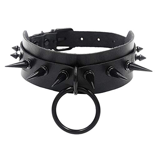 Jurxy Lederhalsband Halskette Kreis Nietkragen Damen Leder Choker Metall Ring Halsband Gotik Punk Rock Lederband Einstellbar Kragen mit Schwarz Besetzt - Doppelschicht mit Niet