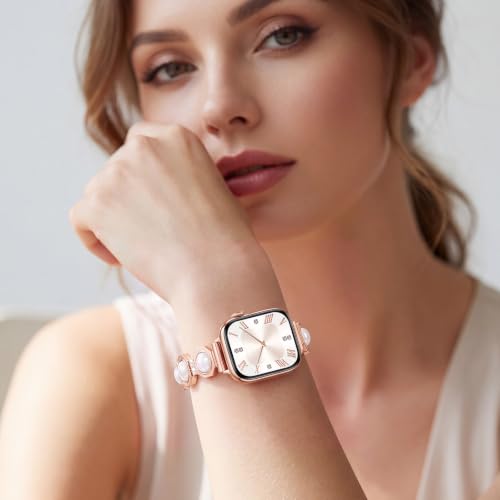 AIRSPO Slim Band Compatible for Apple Watch Bands for Women 42mm 44mm 45mm 46mm 49mm,Thin Metal Dressy Jewelry Bracelet with Mother-of-Pearl for iWatch Bands Series 12 11 10 9 8 7 6 5 4 3 SE 2 1 Rose Gold by AIRSPO - Used condition - Image 5