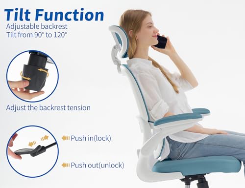 Image of TRALT Ergonomic Office Chair - Desk Chair with Adjustable Headrest Lumbar Support Computer Chair - Mesh Comfy Chair with Flip-up Armrests - Gaming Chairs for Adults Home Office (PU Leather, Blue)