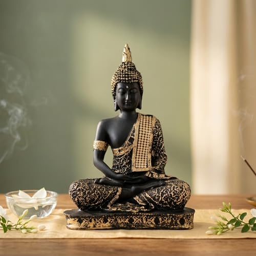 eCraftIndia Black Golden Resin Handcrafted Meditating Lord Buddha Idol for Home Decor | Gautam Buddha Statue for Living Room Office Meditation Yoga Sp