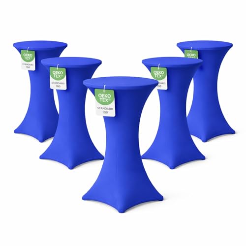 EXKLUSIV HEIMTEXTIL Stehtischhusse für Bistrotisch mit 4 verstärkten Fußlaschen elastisch Stretch Oeko-TEX Zertifiziert Ø 60-65x110-120 cm Royalblau (5 Stück)