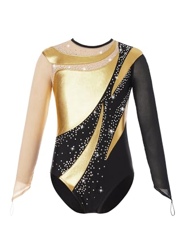 iiniim Maillot de Gimnasia Leotardos de Danza Body Brillante de Manga Larga para Niña Body Ballet Maillot de Baile Competición Disfraz de Bailarina D Dorado 9-10 años