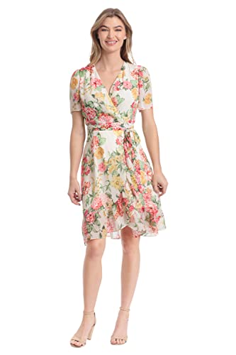 London Times Women's Faux Wrap Dress with Ruffle Skirt Occasion Shower Office Career