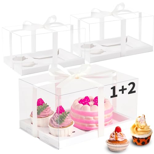 JCD 9 Pcs Cake Cupcake Combo Boxes,1+2 Cupcakes carriers 2 Cupcakes Holes,with 2 Cupcake Holes - Cake and Cupcakes Boxes - Pastry Sweets Bento Box (1+2/9Pcs)
