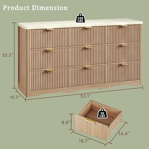 Image of Fluted Dresser for Bedroom with 9 Drawers, 53'' Mid Century Modern Dressers with Faux Marble Top, Wooden Chests of Drawers with Gold Handle & Curved Profile, Closet Clothes Storage Organizer TV Stand