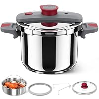 MICHELANGELO 6L Pressure Cooker, Stainless Steel Pot, Induction | Two pressure settings, six control features, 304 stainless steel, one-hand lid, steamer basket, glass lid, for 4-6 people