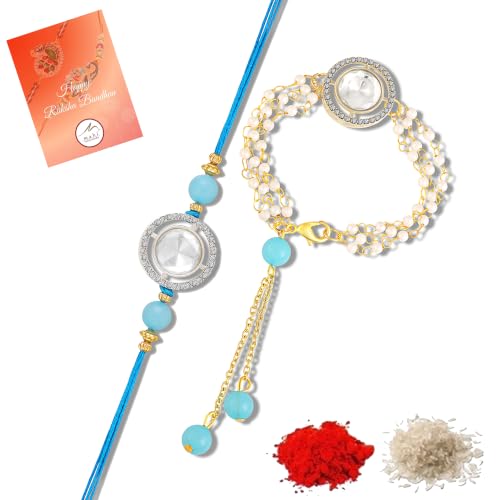 Image of Mahi Rakhi for Brother and Bhabhi with Studded Crystals and Tassels (PARCOL1105521PR)