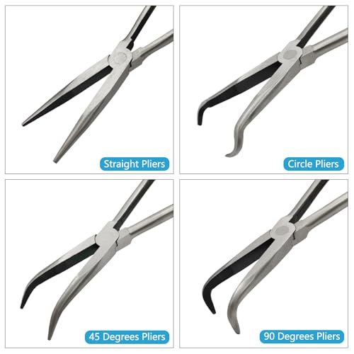 Image of 4 Pack 11 inch Precision Long Nose Pliers Set with Portable Bag, Insulated Grip | Straight, 45 & 90 Angle Curved & Circle Nose for Wire Bending, Trimming, Narrow Spaces, Hard to Reach Area & Precision Work
