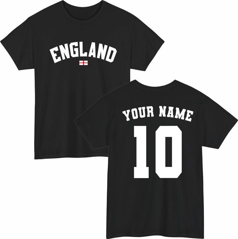 Personalised Football T-Shirt Custom Name and Number Fans Jersey Style Tee England Supporter Gift Top Black