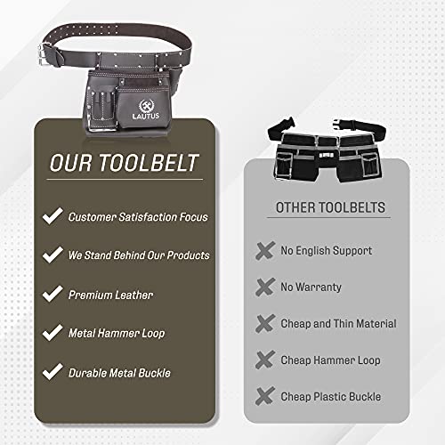 Image of LAUTUS 5 Pocket Oil Tanned Leather Tool Belt - Multifunctional Tool Pouch /Bag /Apron Carpenter, Construction, Framers, Handyman, Electrician | 30-Inch to 46-Inch | Brown| Hammer Holder| Built Tough|