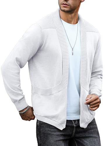 Arcciit Men's Shawl Collar Long Sleeve Cardigan Knit Open Front with Pockets White