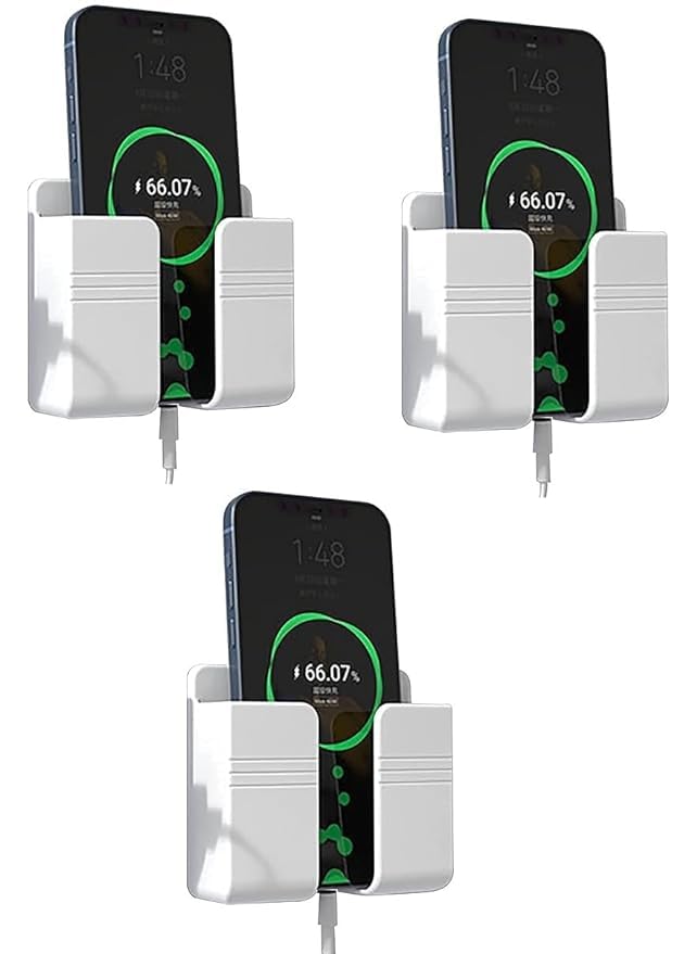 Image of WALLVIEW TECH Pack of 3 Wall Mounted Mobile Holder & Storage Case for Remote with Charging Port, Adjustable Viewing Angle, Multi-Purpose Wall Stand for Phones (White)