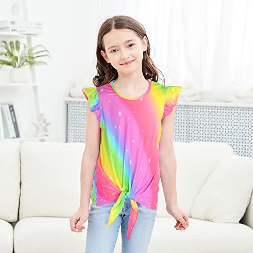 Jeskids Girls Short Sleeve Shirts Ruffle Tie-Front Print Summer Tee Tops Rainbow Neon 8-9 Years #TOP1