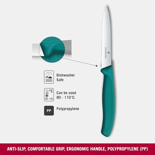 Image of Victorinox Swiss Made Stainless Steel Swiss Classic Paring Knife, 10 cm, Serrated Edge with Pointed Tip, Professional and Household Kitchen Tools, Kitchen Items, Green, 6.7734.C1 | Multipurpose Knife