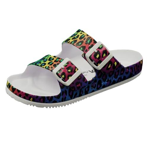 VICT POPU Womens Sandals Adjustable Double Buckle Strap Waterproof EVA Flat Slides 6 Colorful Spots