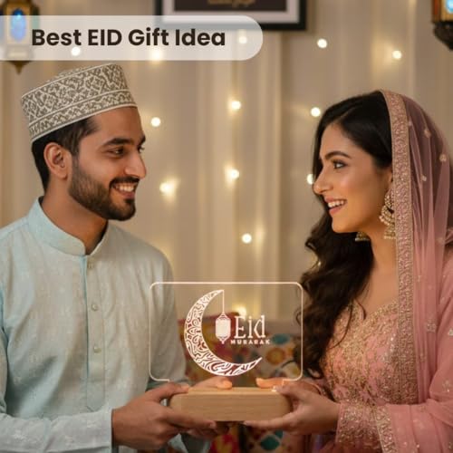 Image of Giftana Eid Mubarak LED Acrylic Night Lamp with Wooden Base - Decorative Moon Lamp with Warm Light - Eid Mubarak Gift for Men, Women & Friends - Eid Decoration Gift for Home, Bedroom & Table Decor