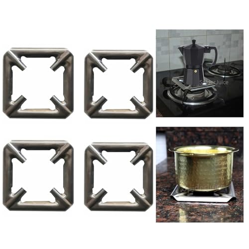 SpiderJuice 4Pc SS Removable Square Shape LPG Gas Burner Stand for Small Utensils Vessels Vaghar Kadai Bowls Sauce Pans Tadka Pots Vati Chulha Stove Top Plate Support Jali Hot Bartan Holder Trivet