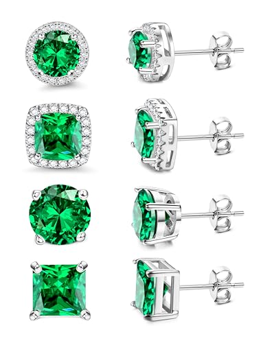 MILACOLATO S925 Sterling Silver Stud Earrings for Women Men Hypoallergenic 18K White Gold Plated Cubic Zirconia Earrings Studs Brilliant Simulated Diamond Halo Earring for Sensitive Ears Emerald