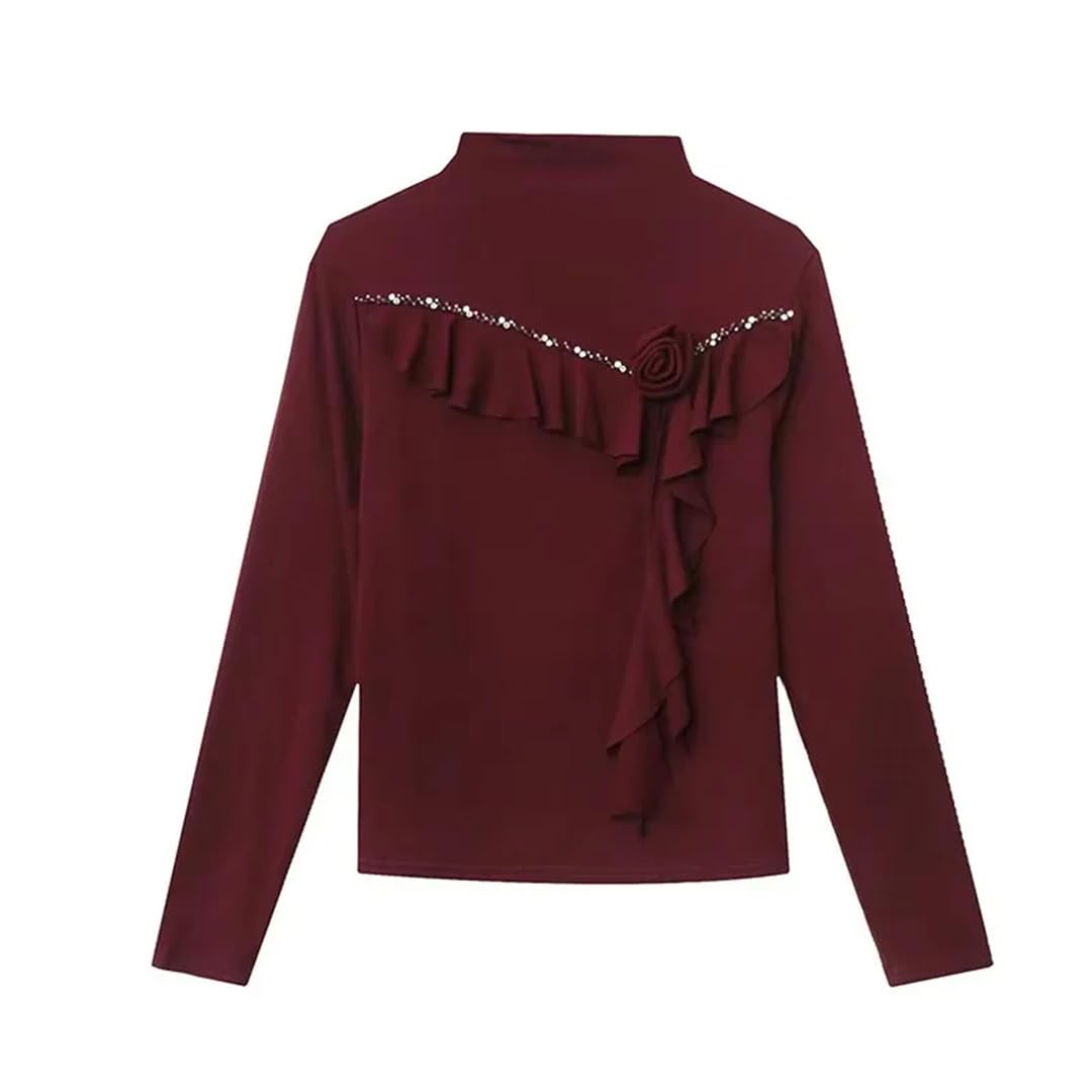 Dolcevita a maniche lunghe da donna con volant e perline, A1, XL