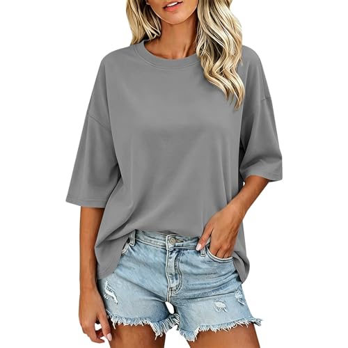 Image of Crew Neck Half Sleeve Oversized Boxy Daily Casual T Shirt(Grey, L)