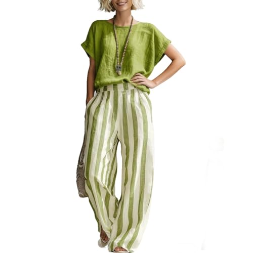 Ensemble coton et lin rayé femme t-shirt respirant et pantalon anti-chaleur
