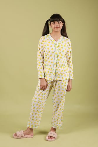 Image of Tweeny Mini Kids Girls Pure Rayon Night Suit | Sleepwear| Night Wear | Nightdress | Top Shirt & Pyjama Combo Set Floral Printed with Pockets Full Sleeves