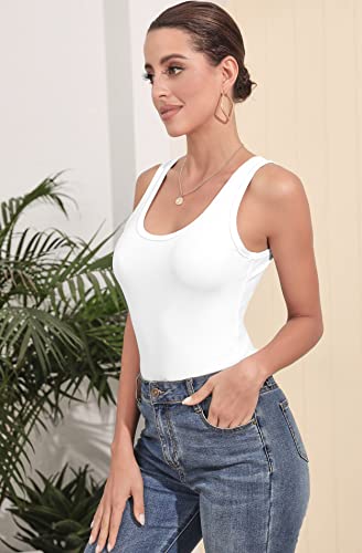 Mangdiup Bodysuit For Women Scoop Neck Sleeveless Soft Comfortable Basic Tank Tops (White，Medium) #TOP2