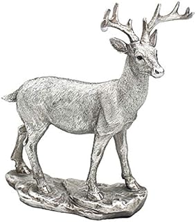 20 cm Vintage Rustic Silver Effect Resin Deer/Stage Ornament Figurine Statue Sculpture - 20cm x 19cm