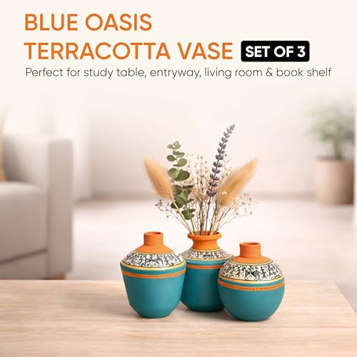 Image of Aakriti Art Creations Terracotta Vases Set of 3 | Handmade Blue Warli Art Flower Vases Oasis Earthy Accents | Matte Finish Decorative Vases for Artificial Plants Home Decor & Gifting